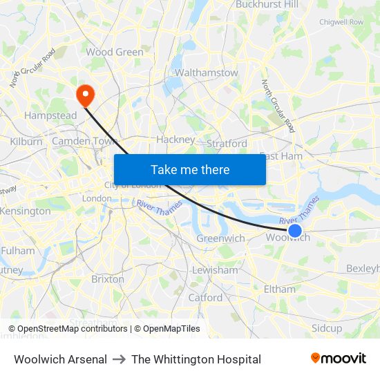Woolwich Arsenal to The Whittington Hospital map