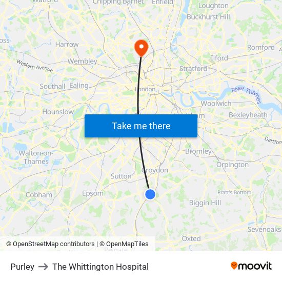 Purley to The Whittington Hospital map
