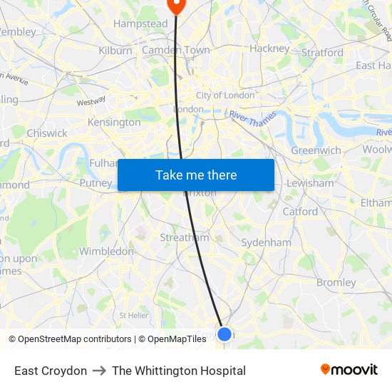 East Croydon to The Whittington Hospital map