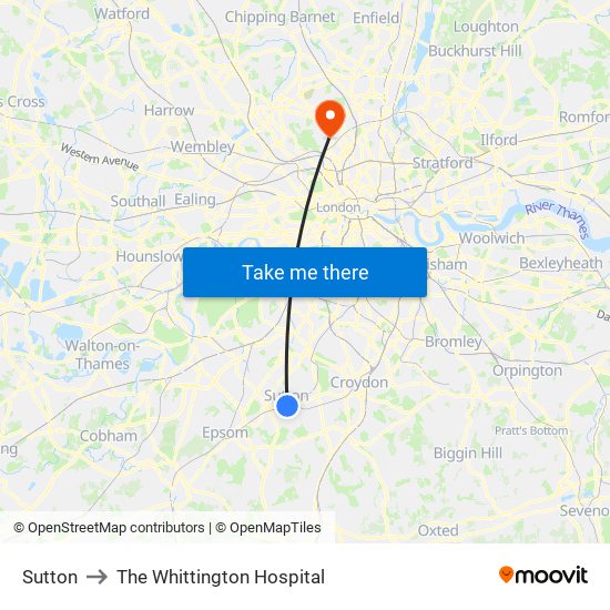 Sutton to The Whittington Hospital map