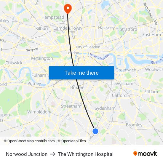 Norwood Junction to The Whittington Hospital map