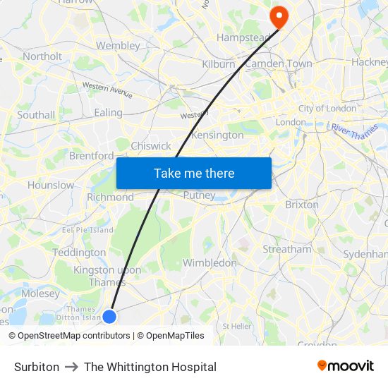 Surbiton to The Whittington Hospital map