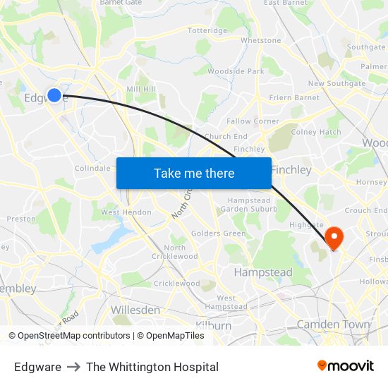 Edgware to The Whittington Hospital map