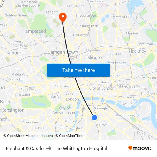 Elephant & Castle to The Whittington Hospital map