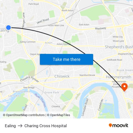 Ealing to Charing Cross Hospital map