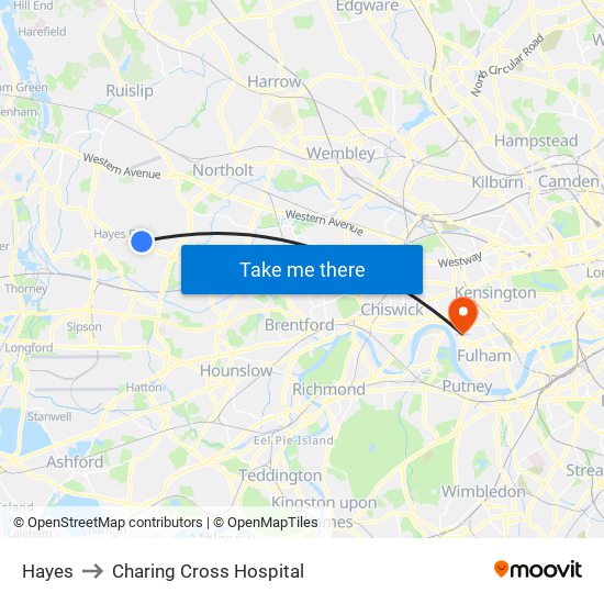 Hayes to Charing Cross Hospital map