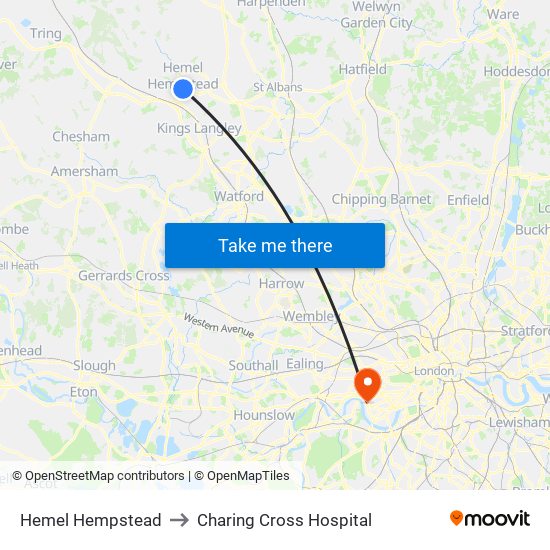 Hemel Hempstead to Charing Cross Hospital map