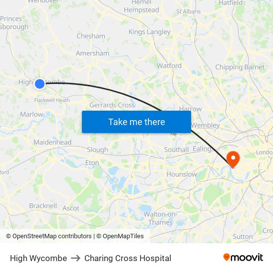 High Wycombe to Charing Cross Hospital map