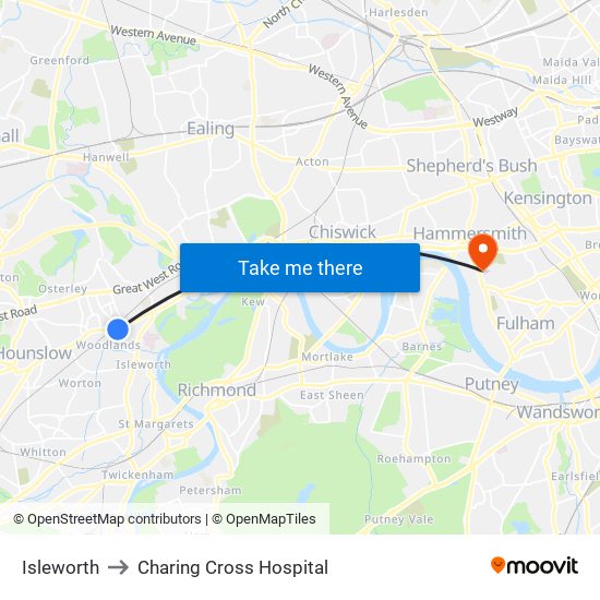 Isleworth to Charing Cross Hospital map