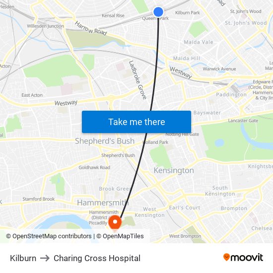Kilburn to Charing Cross Hospital map