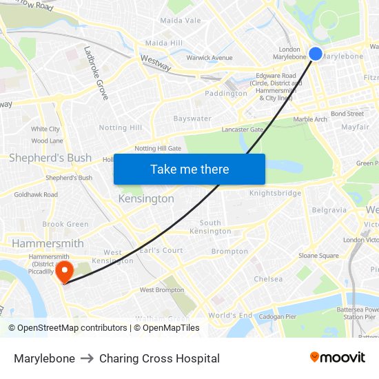 Marylebone to Charing Cross Hospital map