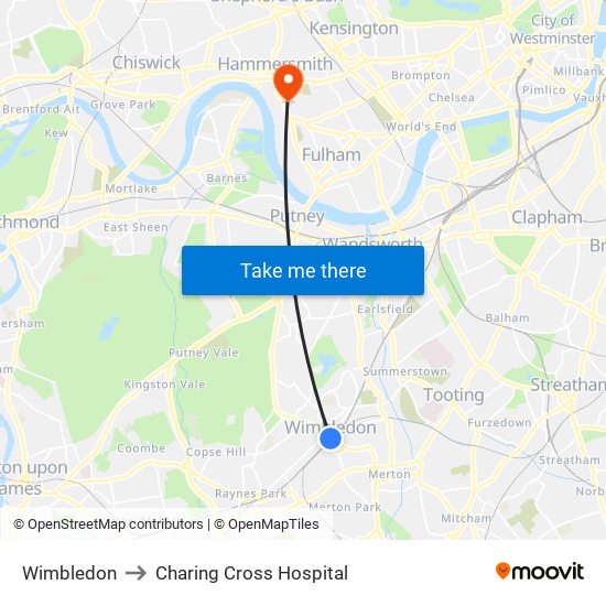 Wimbledon to Charing Cross Hospital map