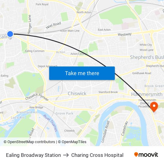 Ealing Broadway Station to Charing Cross Hospital map