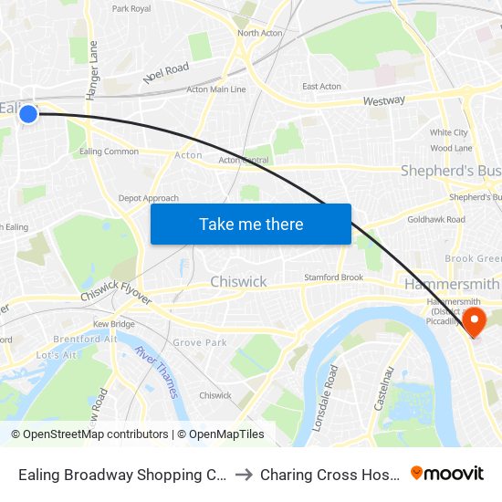 Ealing Broadway Shopping Centre to Charing Cross Hospital map