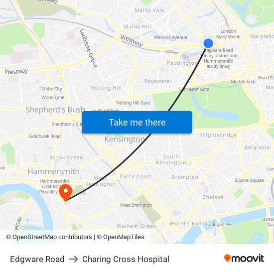 Edgware Road to Charing Cross Hospital map