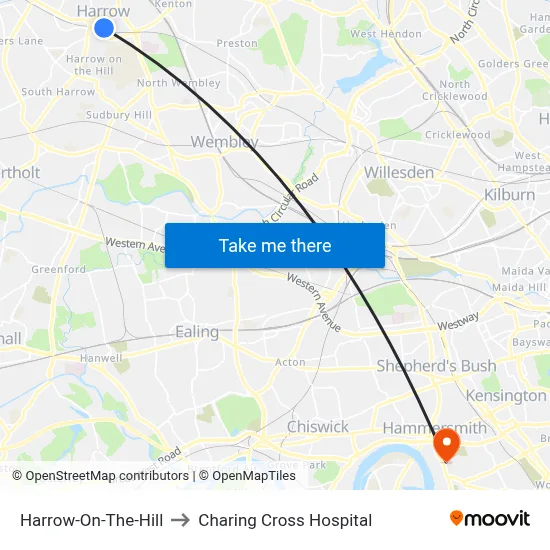 Harrow-On-The-Hill to Charing Cross Hospital map