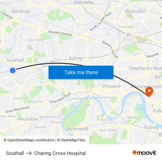 Southall to Charing Cross Hospital map