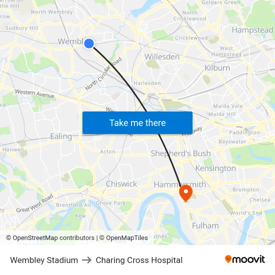 Wembley Stadium to Charing Cross Hospital map