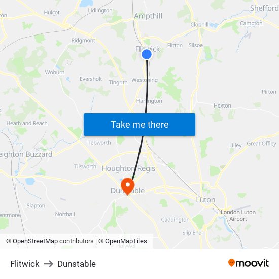 Flitwick to Dunstable map