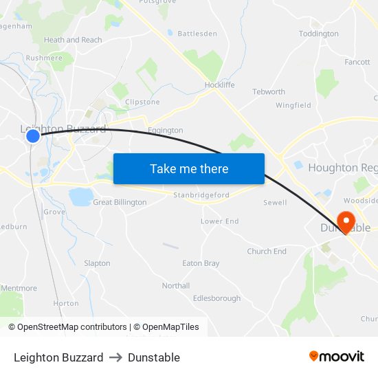 Leighton Buzzard to Dunstable map