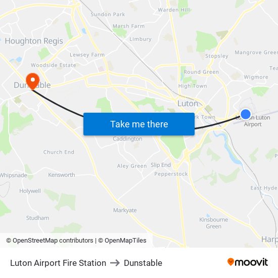 Luton Airport Fire Station to Dunstable map