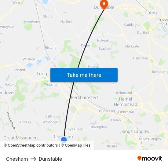 Chesham to Dunstable map
