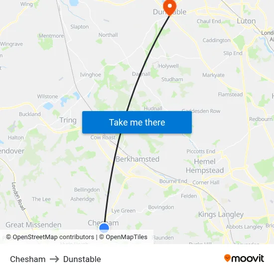 Chesham to Dunstable map