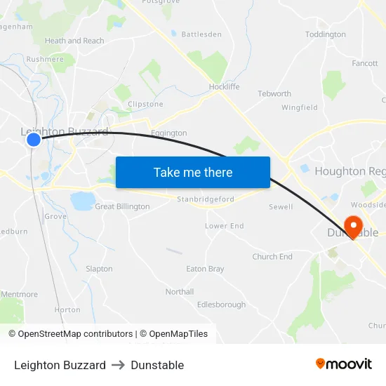 Leighton Buzzard to Dunstable map