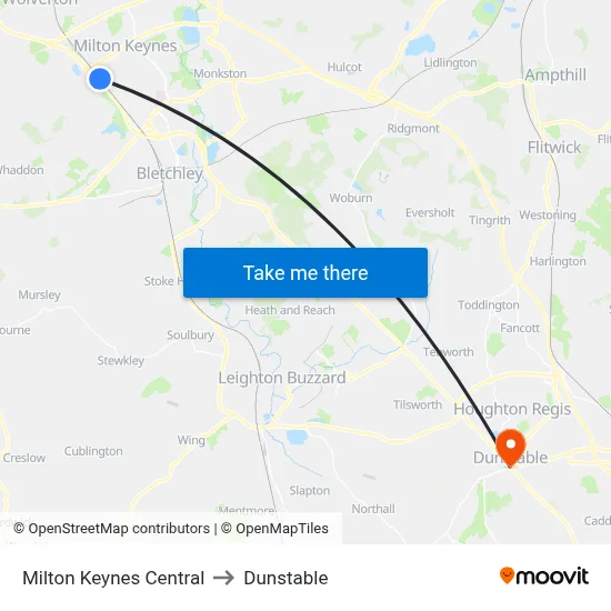 Milton Keynes Central to Dunstable map