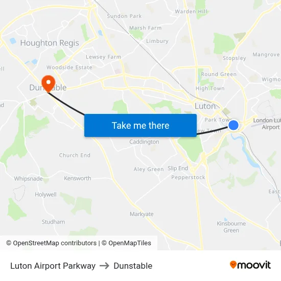 Luton Airport Parkway to Dunstable map