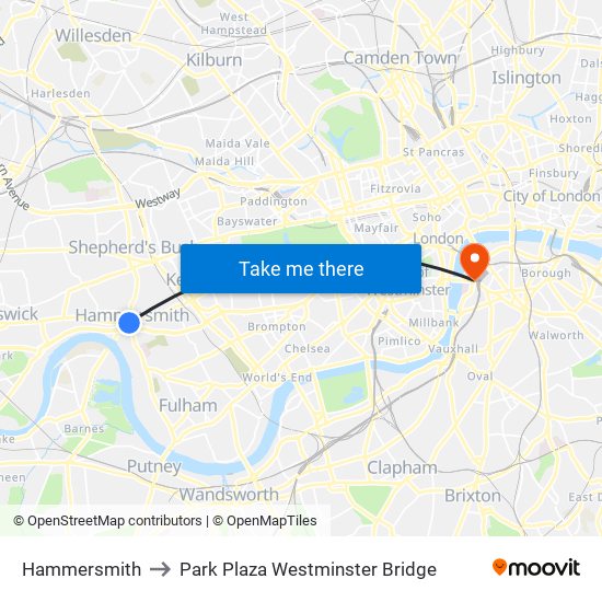 Hammersmith to Park Plaza Westminster Bridge map