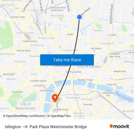 Islington to Park Plaza Westminster Bridge map