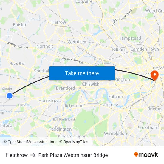 Heathrow to Park Plaza Westminster Bridge map