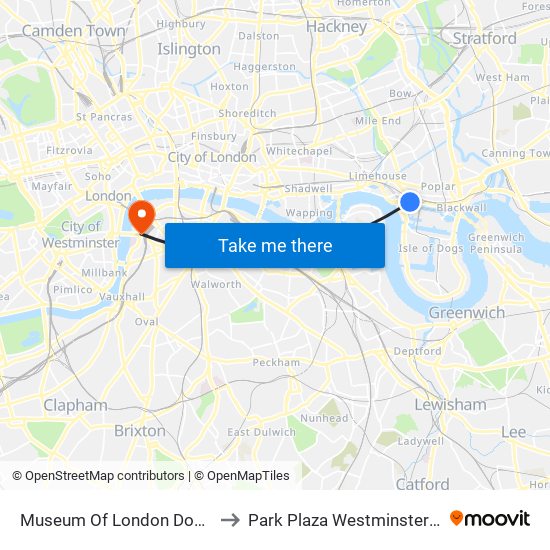 Museum Of London Docklands to Park Plaza Westminster Bridge map