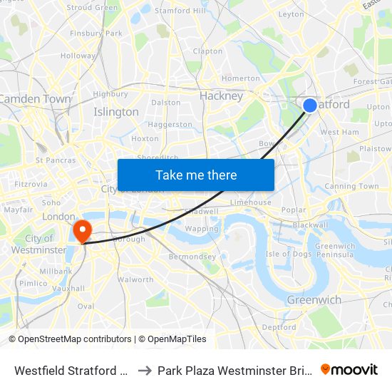 Westfield Stratford City to Park Plaza Westminster Bridge map