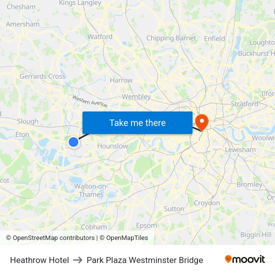 Heathrow Hotel to Park Plaza Westminster Bridge map