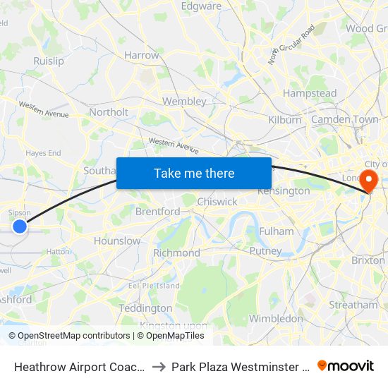 Heathrow Airport Coach Park to Park Plaza Westminster Bridge map