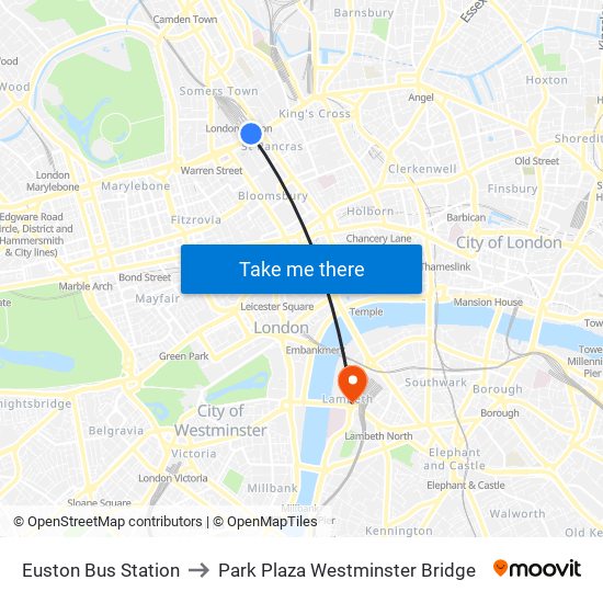 Euston Bus Station to Park Plaza Westminster Bridge map