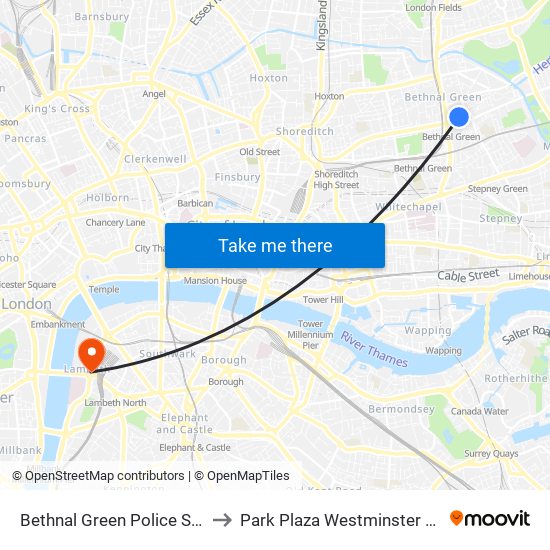 Bethnal Green Police Station to Park Plaza Westminster Bridge map