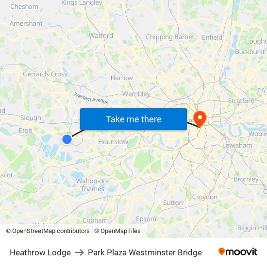 Heathrow Lodge to Park Plaza Westminster Bridge map