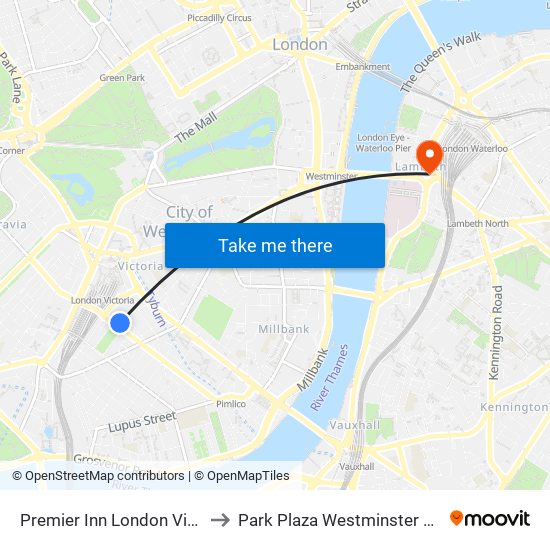 Premier Inn London Victoria to Park Plaza Westminster Bridge map