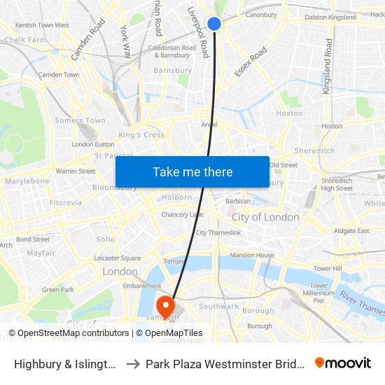 Highbury & Islington to Park Plaza Westminster Bridge map