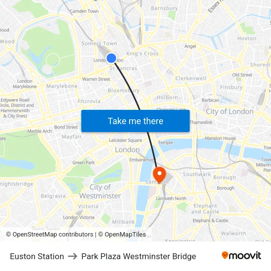 Euston Station to Park Plaza Westminster Bridge map