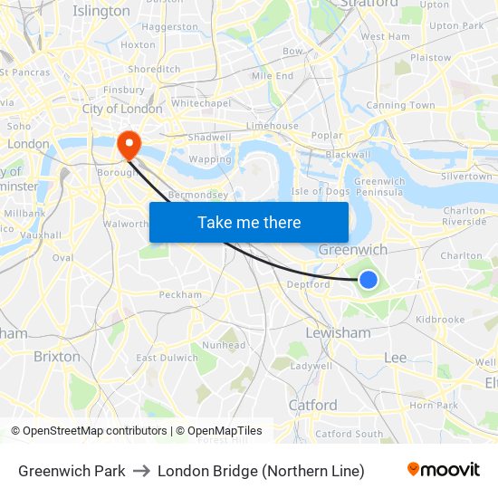 Greenwich Park to London Bridge (Northern Line) map