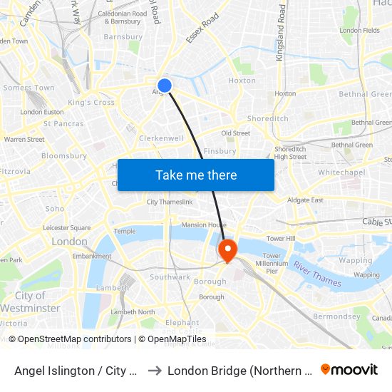 Angel Islington / City Road to London Bridge (Northern Line) map