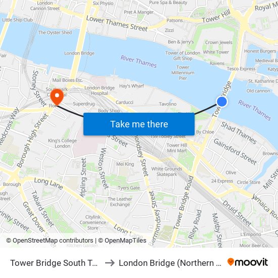 Tower Bridge South Tower to London Bridge (Northern Line) map