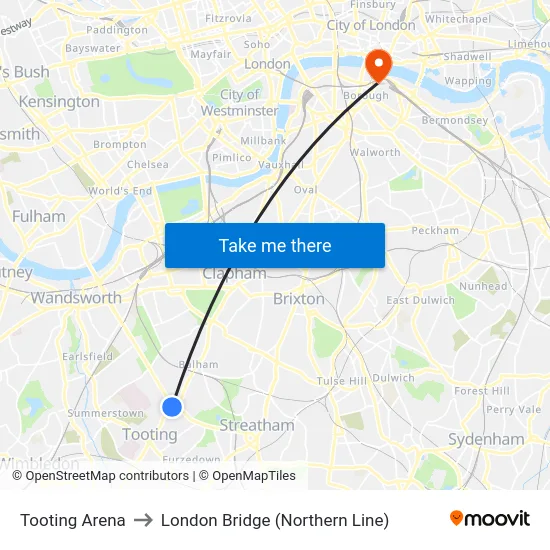 Tooting Arena to London Bridge (Northern Line) map