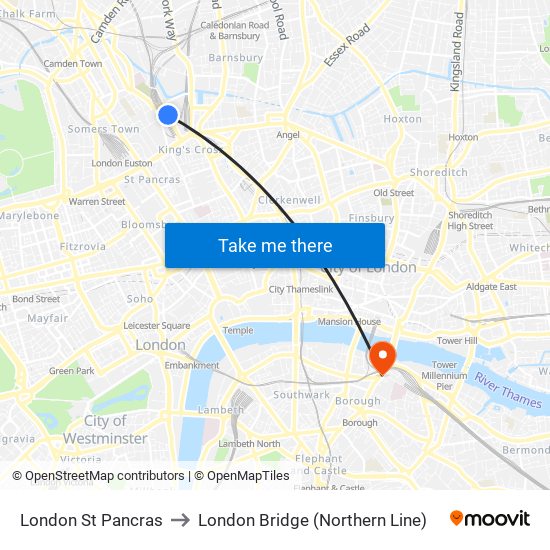 London St Pancras to London Bridge (Northern Line) map