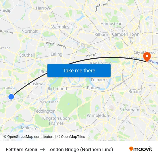 Feltham Arena to London Bridge (Northern Line) map