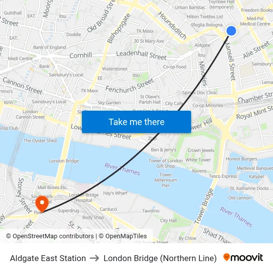 Aldgate East Station to London Bridge (Northern Line) map